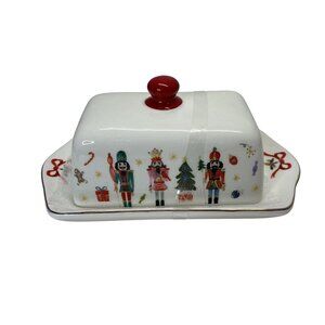 Grace Teaware Nutcracker Ceramic Christmas Butter Dish Set Gold trim